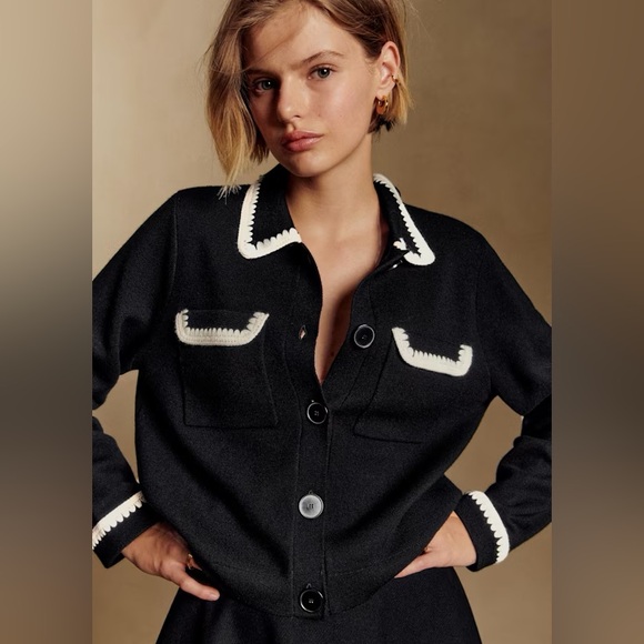 Sezane Sweaters - Like New Sezane Betty Cardigan in Black & Ecru Embroidery Size L